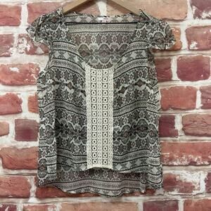 Vintage Bongo Top Women's XL Boho Aztec Embroidered Sheer High Low Shirt